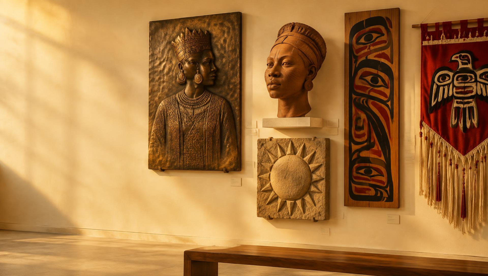 Gallery wall in golden light — a bronze court plaque, a terracotta head, a sun-disk relief, a formline panel, and an appliqué banner